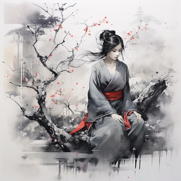 un dibujo de una mujer sentada en un árbol con la palabra kimono en él