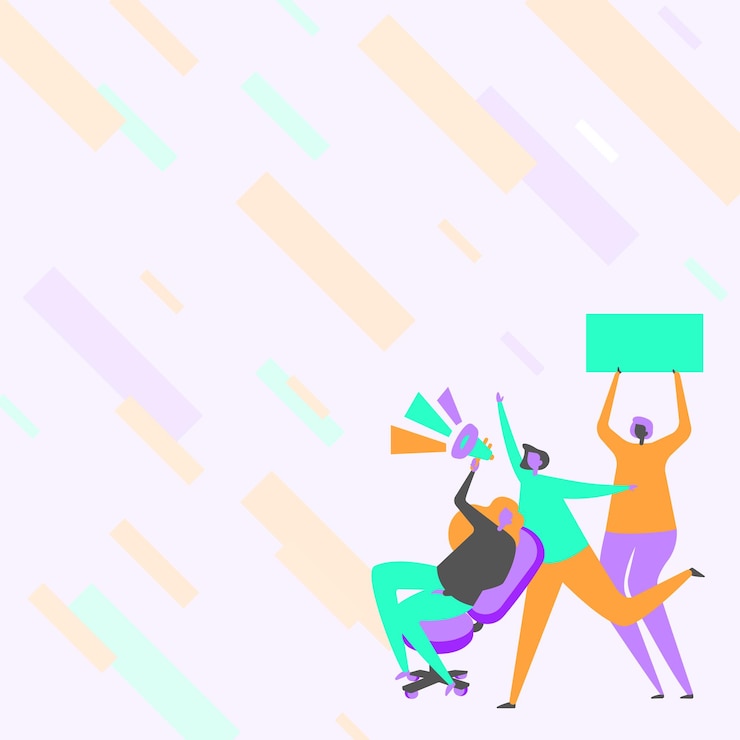 Vector dibujo de mujer sentada sosteniendo megáfono haciendo nuevo anuncio a la multitud. dibujo de líneas de personas usando megáfono y sosteniendo carteles promocionando anuncios tardíos.