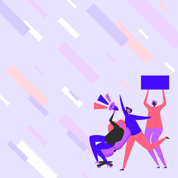 Vector dibujo de mujer sentada sosteniendo megáfono haciendo un nuevo anuncio a la multitud dibujo de líneas de personas