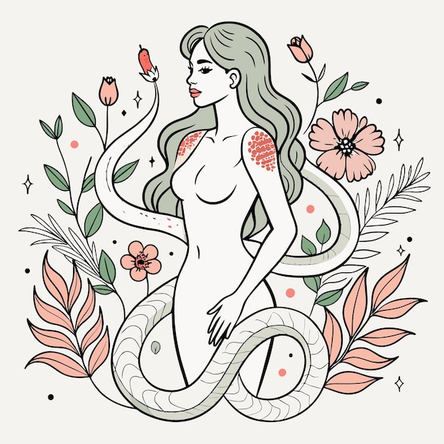 Vector un dibujo de una mujer con una serpiente en el cabello