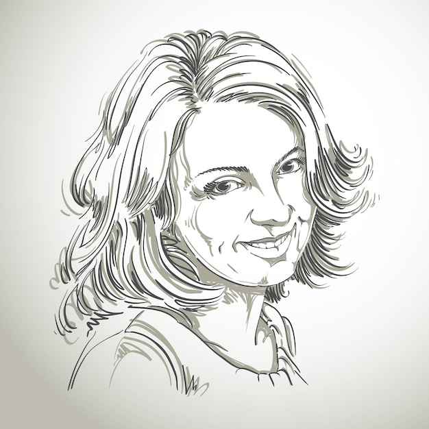 Dibujo de mujer sincera sonriente con corte de pelo elegante vectorial. Retrato en blanco y negro de una atractiva dama feliz y satisfecha. Modelo posando.