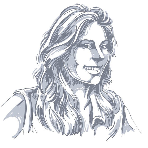 Dibujo de mujer sonriente con corte de pelo con estilo vectorial. Retrato en blanco y negro de una atractiva dama feliz.