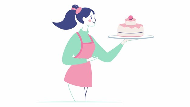 un dibujo de una mujer sosteniendo una bandeja con un pastel en ella