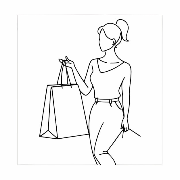 un dibujo de una mujer sosteniendo una bolsa de compras