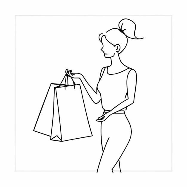 un dibujo de una mujer sosteniendo una bolsa de compras