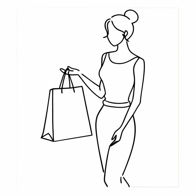 un dibujo de una mujer sosteniendo una bolsa de compras