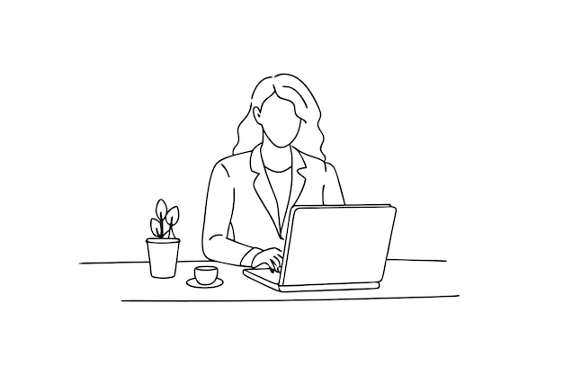 un dibujo de una mujer trabajando en una computadora portátil con una planta en maceta en la esquina