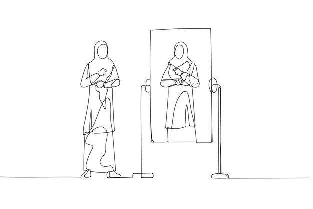 Dibujo de mujer usando hijab preparándose para trabajar mirándose al espejo Arte de estilo de una línea