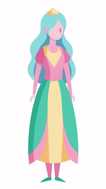 un dibujo de una mujer con un vestido azul y un vestido rosa y verde