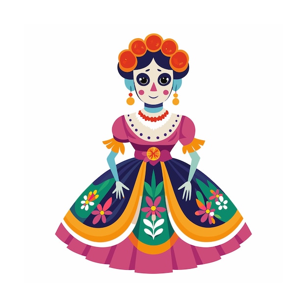 un dibujo de una mujer con un vestido colorido y flores en la cabeza