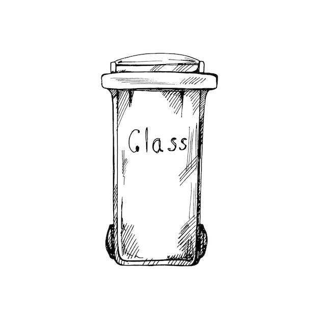 Dibujo negro dibujado a mano de contenedor de basura para vidrio Segregación de residuos clasificación gestión de residuos de basura Ilustración de contorno de ector retro Doodle