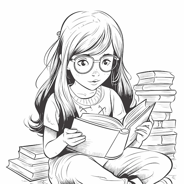 Libro Para Colorear Para Niños. Chica Feliz Leyendo Libro En Pila De Libros  Ilustración del Vector - Ilustración de sonrisa, sonriente: 212740534