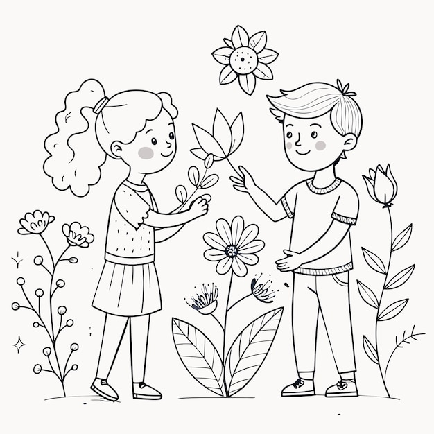 Vector un dibujo de una niña y un niño con una flor en el medio