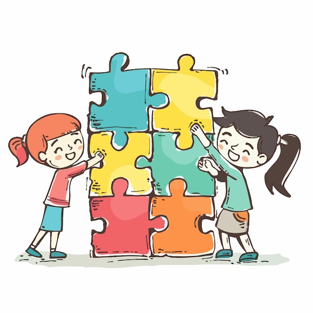 un dibujo de una niña y un niño con un rompecabezas que dice la palabra en él