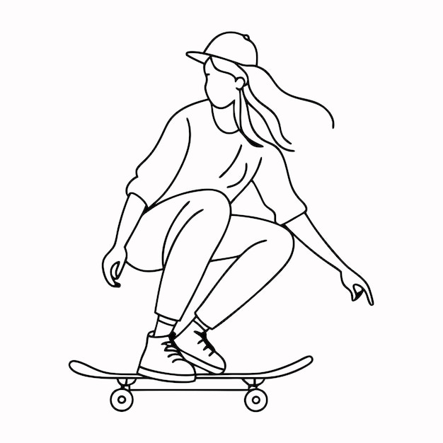 un dibujo de una niña en una patineta con un sombrero