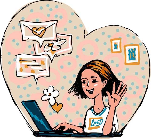 Un dibujo de una niña que se comunica a través de una computadora agitando su mano a un oponente a través de un enlace de video