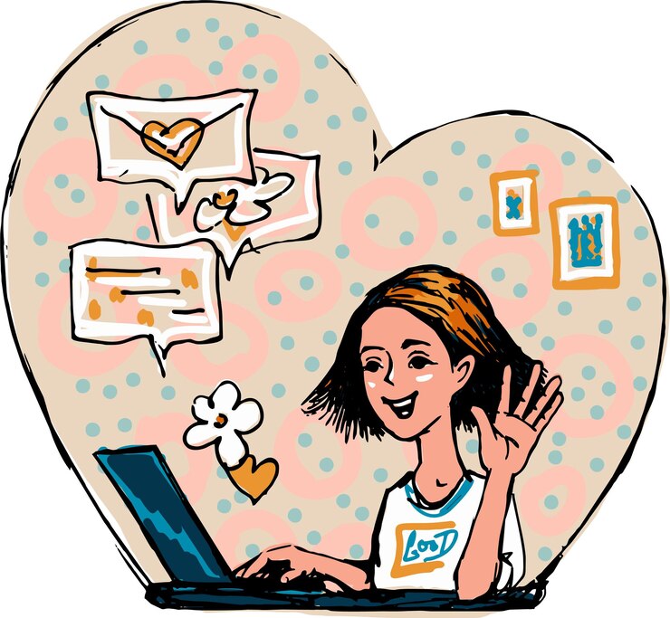 Vector un dibujo de una niña que se comunica a través de una computadora agitando su mano a un oponente a través de un enlace de video