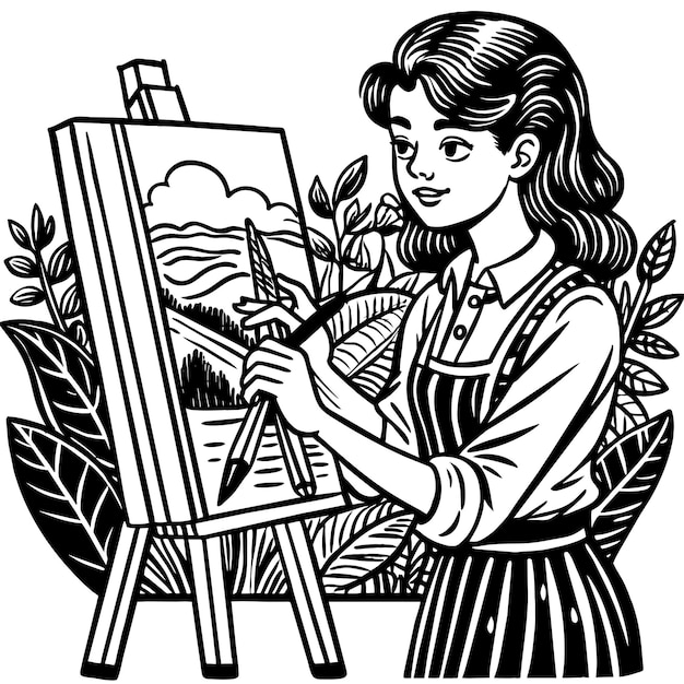 Vector un dibujo de una niña en un vestido con un pincel y una imagen de una niño pintando