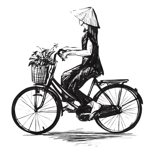 El dibujo de la niña vietnamita anda en bicicleta con flores.