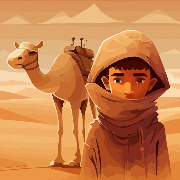 Vector un dibujo de un niño en un desierto con un camello al fondo.