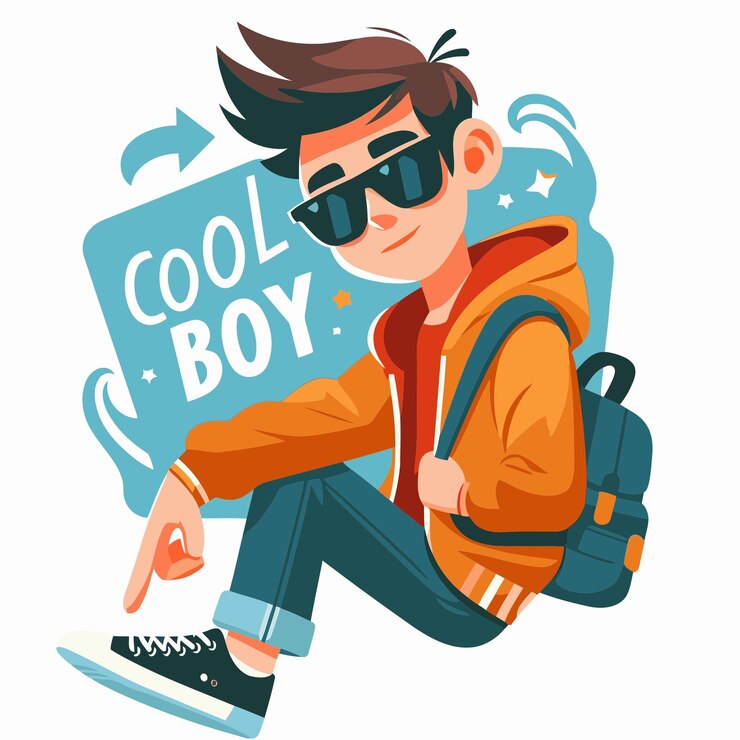 un dibujo de un niño con gafas de sol y una mochila que dice chico genial