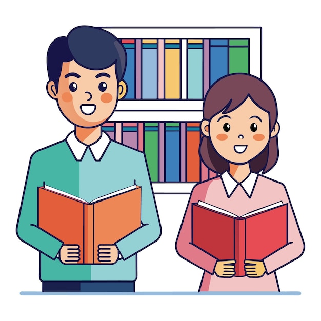 un dibujo de un niño y una niña leyendo un libro