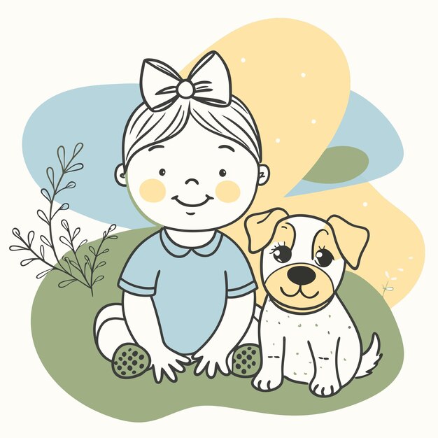 un dibujo de un niño con un perro y un fondo de cielo