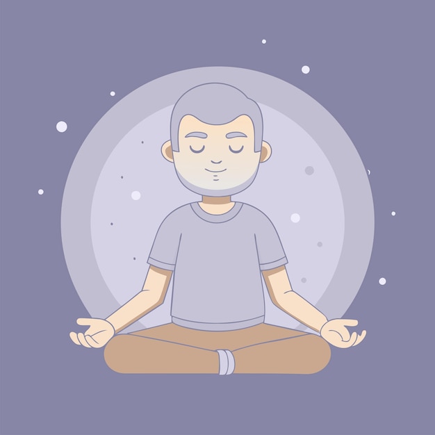 un dibujo de un niño en una postura de yoga con una banda para la cabeza y una burbuja en el medio