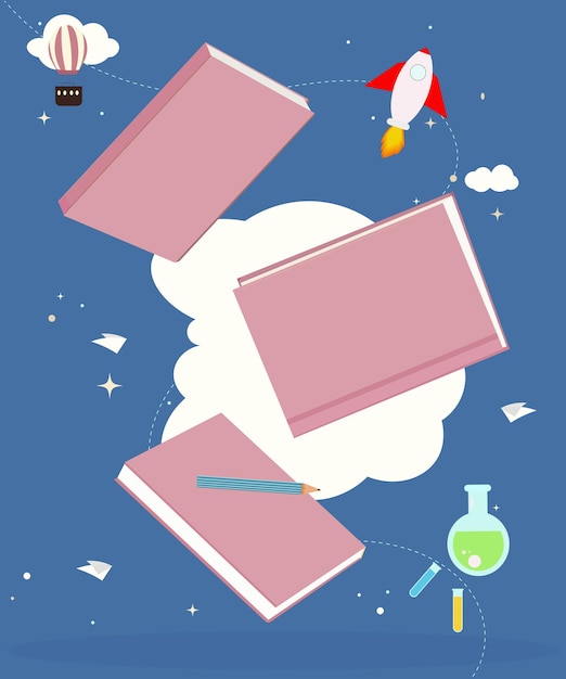 Vector un dibujo de nubes y libros con un cohete en él