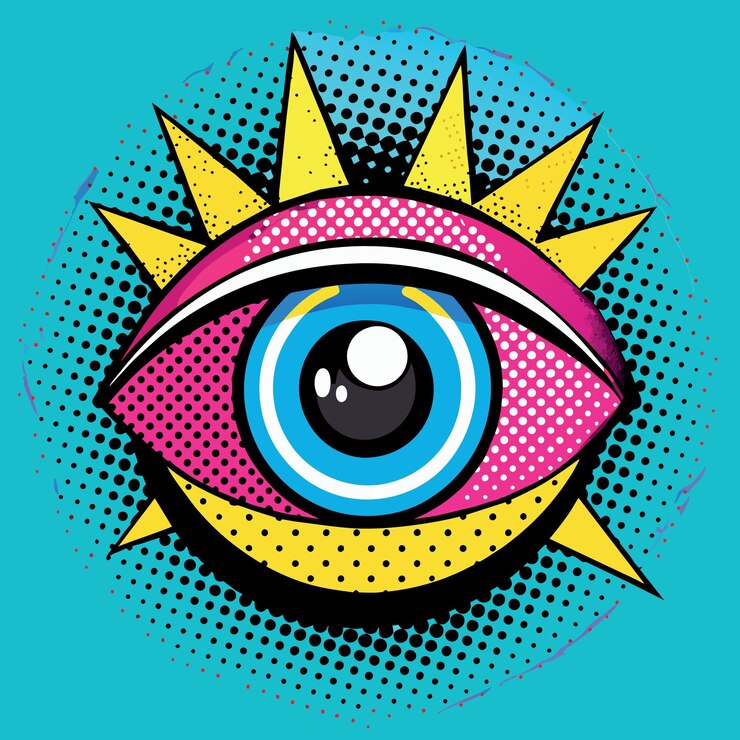 Vector un dibujo de un ojo que tiene un ojo azul con un punto amarillo y rosa