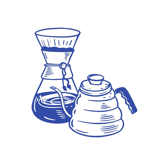 un dibujo de una olla de café con una tapa y una jarra de líquido