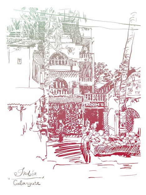 Dibujo original de la India Goa Calangute Baga paisaje pointofsale street