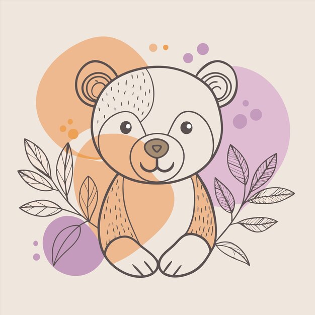 un dibujo de un oso con hojas y un fondo púrpura con una imagen de un oso
