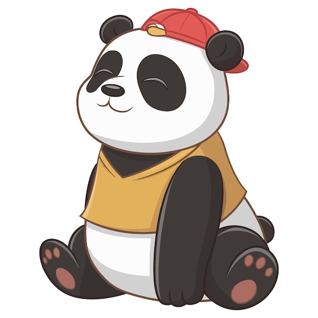 Un dibujo de un oso panda con una camisa y un sombrero sobre un fondo blanco