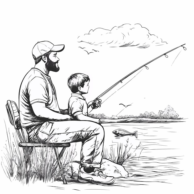 un dibujo de un padre y un hijo pescando en un río
