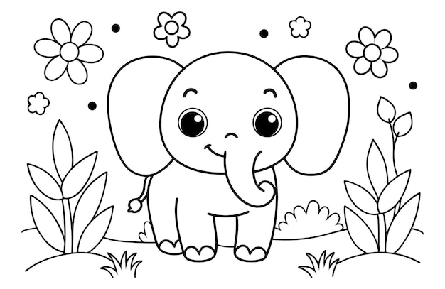 Un dibujo de una página para colorear de un elefante lindo con algunas flores