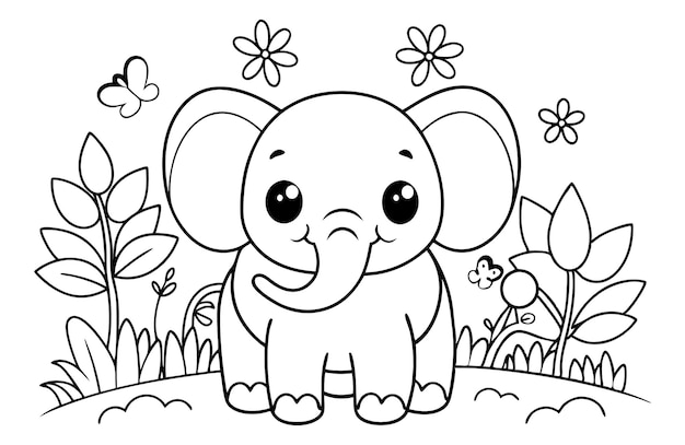 Un dibujo de una página para colorear de un elefante lindo con algunas flores