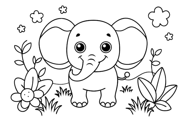 Un dibujo de una página para colorear de un elefante lindo con algunas flores