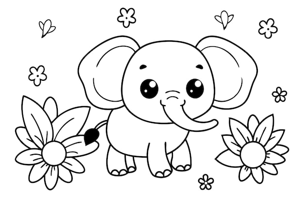 Un dibujo de una página para colorear de un elefante lindo con algunas flores
