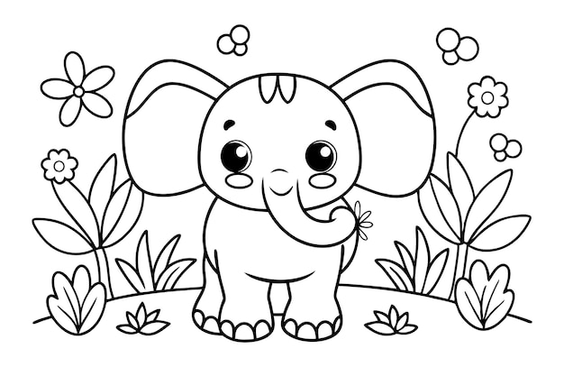 Un dibujo de una página para colorear de un elefante lindo con algunas flores