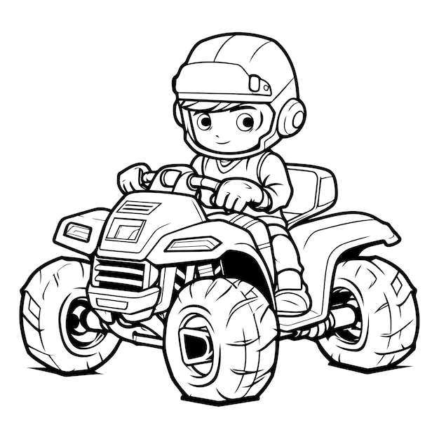 Vector dibujo de una página para colorear de un niño en una bicicleta quad