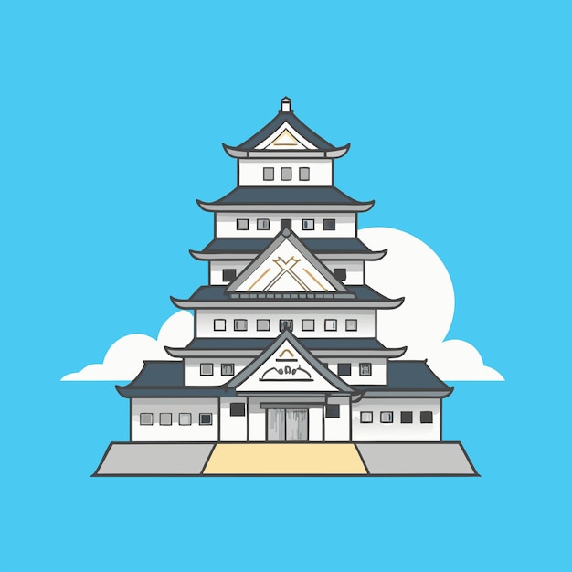un dibujo de una pagoda con un cielo azul detrás de ella