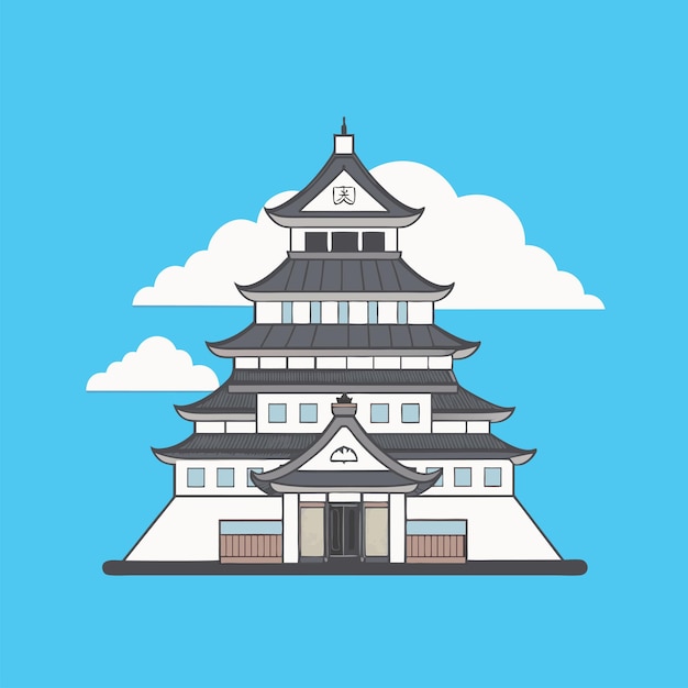 un dibujo de una pagoda con un cielo azul en el fondo