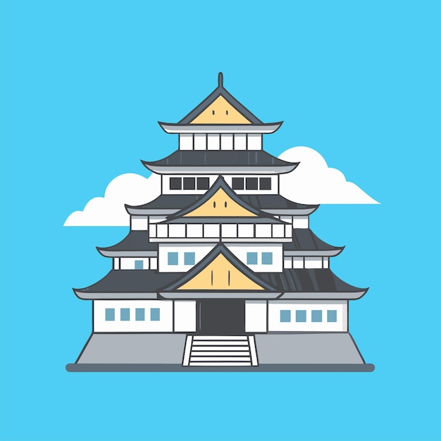 un dibujo de una pagoda con un fondo azul