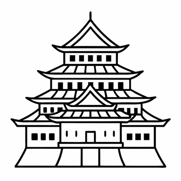 un dibujo de una pagoda con un fondo blanco y negro