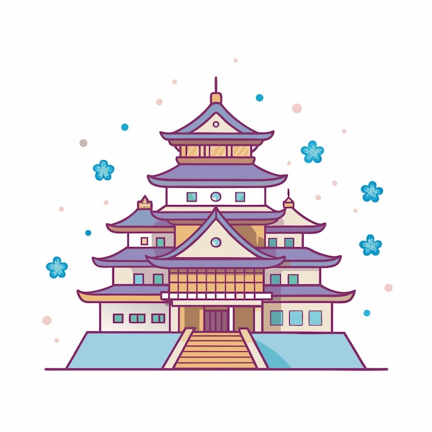 un dibujo de una pagoda con un fondo rosa y azul