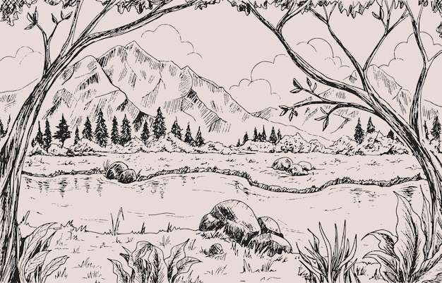 un dibujo de un paisaje con una montaña en el fondo