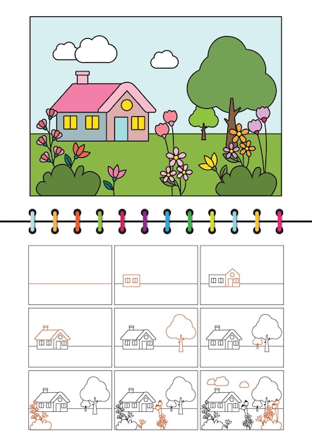 Dibujo de paisajes sencillos pasos para niños y principiantes diseño de plantillas vectoriales