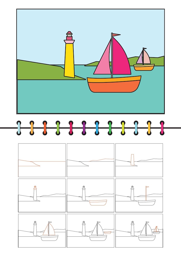 Vector dibujo de paisajes sencillos pasos para niños y principiantes diseño de plantillas vectoriales