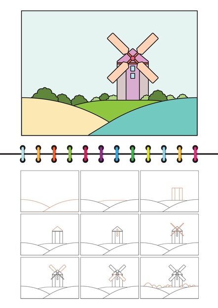 Dibujo de paisajes sencillos pasos para niños y principiantes diseño de plantillas vectoriales